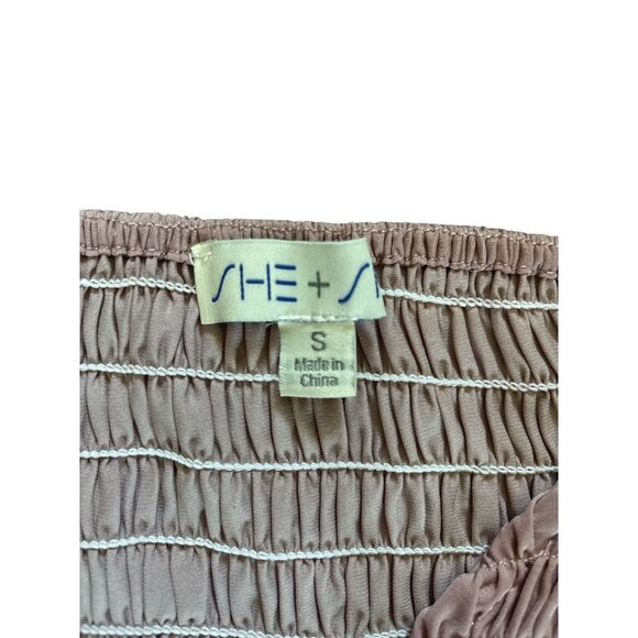 She + Sky Blouse Mauve Size S Smocked Puff Sleeve Ruffle Hem Dusty Rose Pink - Picture 3 of 6